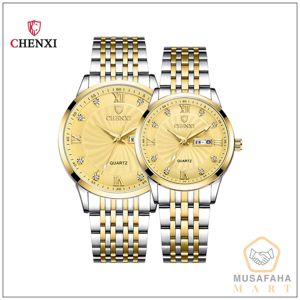 Men and Women Couple Watches Luxury Brand CHENXI Silver Stainless Steel Watches His and Hers Dress Wrist Watches (Gold)