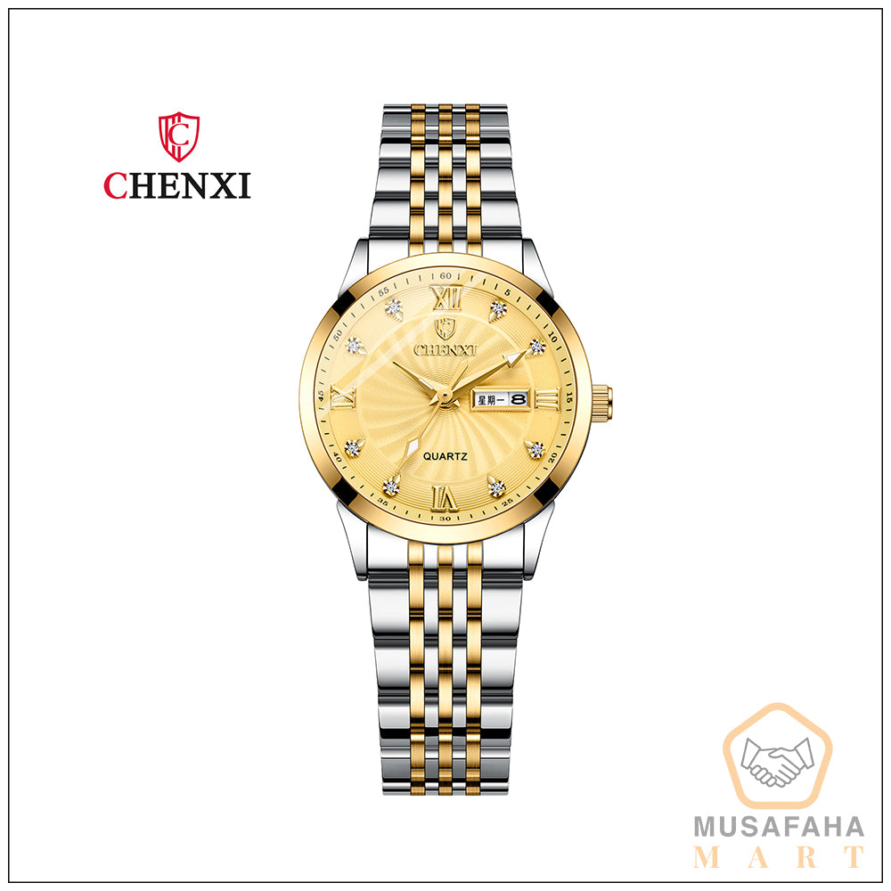 Men and Women Couple Watches Luxury Brand CHENXI Silver Stainless Steel Watches His and Hers Dress Wrist Watches (Gold)