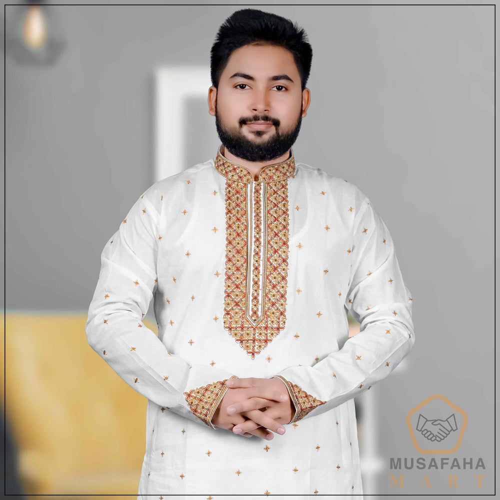 White Color Panjabi with reddish-brown Ambrotary